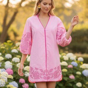 Tuckernuck Hyacinth House Arem Caftan Dress Pink Embroidery Mini XS NWT